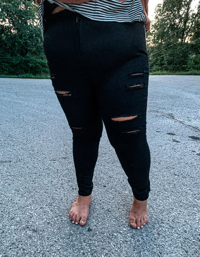 Curvy Black Distressed High Waisted Jeans