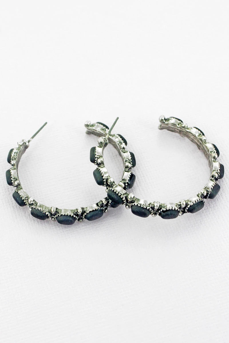 Black Stone Hoop Earrings